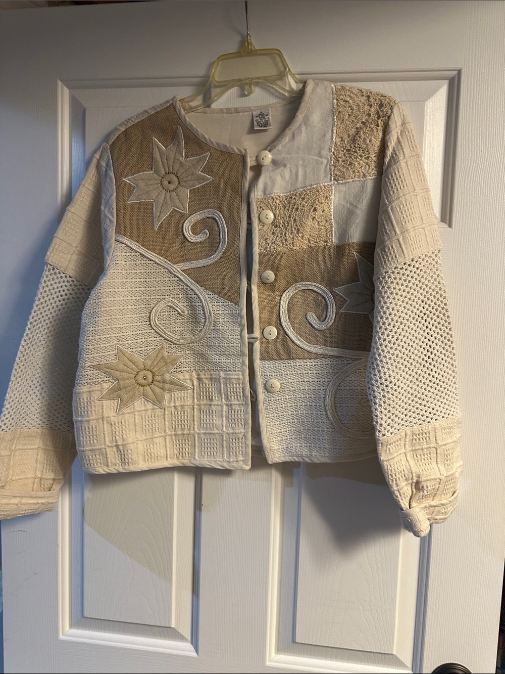 Patchwork Boho Cream & Tan Button Front Jacket
Lined….very pretty